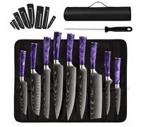 Set couteaux cuisine VURAHOME acier inox manche résine aiguiseur sac Oxford 11p (Violet)