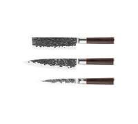 Forged Sebra - Set de 3 couteaux de cuisine en acier japonais 440C à manche en bois Dalbergia - Couteau de chef 20,5 cm, hache 17,5 cm, universel 12,5 cm