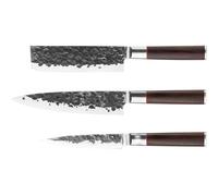 Forged Sebra - Set de 3 couteaux de cuisine en acier japonais 440C à manche en bois Dalbergia - Couteau de chef 20,5 cm, hache 17,5 cm, universel 12,5 cm