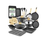 Set Cuisine & Pâtisserie 22 Pièces Effet Marbre Noir - Batterie de Cuisine Antiadhésive Pro avec Ustensiles Résistants à la Chaleur