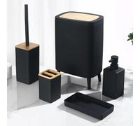 Set d'accessoires de salle de bain 5 pièces - Accessoires de salle de bain noirs - Brosse de toilette en bambou - Poubelle - Distributeur de savon - Porte-brosse à dents avec couvercle - Set de salle