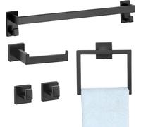 Set d'accessoires de salle de bain - 5 pièces - inox - barre porte-serviettes - anneau porte-serviettes carré - 2 crochets - porte-papier toilette - montage mural - noir