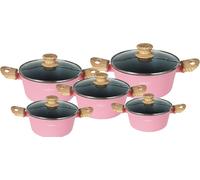 Set de 10 casseroles avec couvercles en verre - convient pour l'induction, revêtement en marbre anti-adhésif Pink