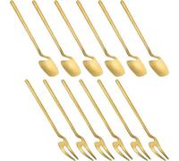 Set de 12 mini-cuillères et fourchettes à dessert en acier inoxydable, dorées, pour le dessert et le café