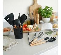 Set de 12 Ustensiles de Cuisine en Silicone avec Manche en Bois, Résistants à la Chaleur - Comprend Spatule Ajournée, Spatule Pleine, Louche à Soupe, Fouet à Œufs, Pince Alimentaire, Pinceau de Pâtiss