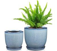 Set de 2 cache-pots en céramique 12 cm 15 cm avec trous de drainage et soucoupes - bleu