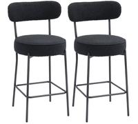 ""Set de 2 chaises de bar avec tapis et appui à pieds, revêtement en fleece, cadre métallique, noir ""
