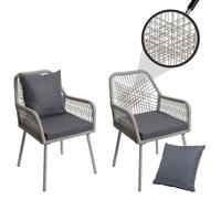 set de 2 chaises de jardin HWC-O12, coussin d'assise/de dossier Outdoor aluminium corde tressée ~ gris, housse gris foncé