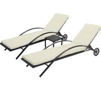 set de 2 chaises longues HWC-E27, Chaise longue de jardin, Poly-Rattan ~ noir, Coussin crème-beige