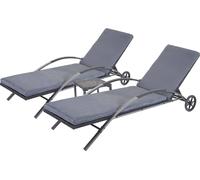 set de 2 chaises longues HWC-E27, Chaise longue de jardin, Poly-Rattan ~ noir Coussin gris foncé