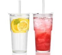 Set de 2 Gobelets en Verre avec Couvercles et Pailles