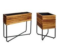 lot de 2 jardinières HWC-L25, jardinière, rectangulaire carrée Outdoor acier acacia bois FSC®-, marron