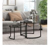 Set de 2 petites tables avec cadre en acier noir et plateau en verre trempé, partiellement empilables, pour le salon.
