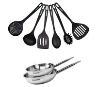 Set de 2 poêles 20 et 24 cm en inox et 6 ustensiles Fackelmann Eterna