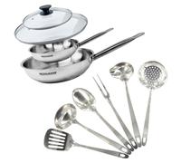 Set de 2 poêles 20 et 28 cm en inox, 2 couvercles verre et 6 ustensiles inox Fackelmann Eterna