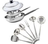 Set de 2 poêles 20 et 28 cm en inox, 2 couvercles verre et 6 ustensiles inox Fackelmann Eterna