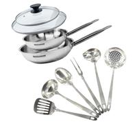 Set de 2 poêles 24 et 28 cm en inox, 2 couvercles verre et 6 ustensiles inox Fackelmann Eterna