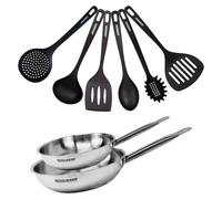 Set de 2 poêles 24 et 28 cm en inox et 6 ustensiles Fackelmann Eterna