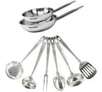 Set de 2 poêles de 20 et 24 cm en inox et 6 ustensiles inox Fackelmann Eterna Inox