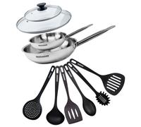 Set de 2 poêles de 20 et 28 cm en inox, 2 couvercles en verre et 6 ustensiles Fackelmann Eterna