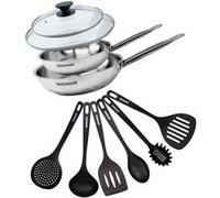 Set de 2 poêles de 24 et 28 cm en inox, 2 couvercles en verre et 6 ustensiles Fackelmann Eterna