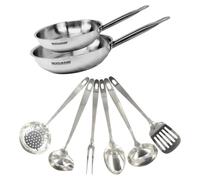 Set de 2 poêles de 24 et 28 cm en inox et 6 ustensiles inox Fackelmann Eterna
