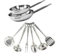 Set de 2 poêles de 24 et 28 cm en inox et 6 ustensiles inox Fackelmann Eterna