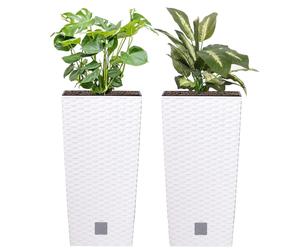 Set de 2 pots de fleurs 16,3 L aspect rotin blanc hauts H 42,1 cm avec bac intérieur 8 L carré Cache-pot en plastique