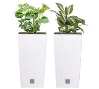 Set de 2 pots de fleurs 35 L aspect rotin blanc hauts H 55 cm avec bac intérieur 14 L carré Cache-pot en plastique