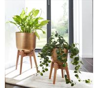 Set de 2 pots en métal/bois massif or avec pieds | Wohnling