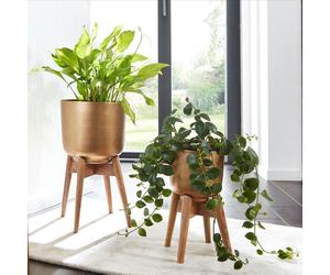 Set de 2 pots en métal/bois massif or avec pieds | Wohnling