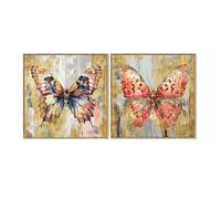 Set de 2 Tableaux sur Toile avec Papillons avec Partie peintes à la Main en Roses, Bleues et Beiges 3,5 x 60 x 60 cm