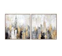 Set de 2 Tableaux sur Toile avec Une Ville Skyline et avec Partie peintes à la Main en Blanc, Noir et Gris 3,5 x 80 x 80 cm