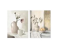 Set de 2 Tableaux sur Toile avec vases et Partie peintes à la Main en Blanc et Beige 3 x 30 x 30 cm
