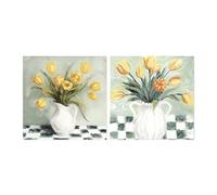 Set de 2 Tableaux sur Toile avec vases et Tulipes et Partie peintes à la Main en Blanc, Jaune et Vert 3 x 60 x 60 cm
