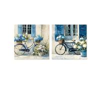 Set de 2 Tableaux sur Toile avec vélos et Partie Peints à la Main en Blanc, Bleu et Beige 3 x 40 x 40 cm