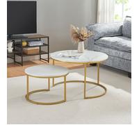Set de 2 tables basses Christchurch rondes gigognes effet marbre blanc doré