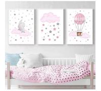 Set De 3 Affiche Bebe Fille Posters Elephant Nuage Étoile Ballon Rose Toiles Enfant Deco Chambre Cadeau 30x20cm Sans Cadre