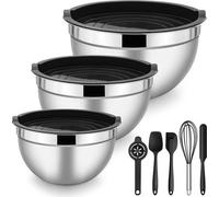 set de 3 bols à mélanger en acier inoxydable avec couvercle hermétique + 5 accessoires de cuisson, tailles 1,2 l/2,7 l/4,5 l, idéal pour la cuisine, la pâtisserie et la conservation, empilable - Noir,