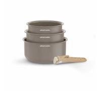 Arthur Martin - Set de 3 Casseroles en Aluminium 2,5 mm, Revêtement Céramique et Poignée Effet Bois, Compatibles Tous Feux Dont Induction, 16-18-20 cm, Marron