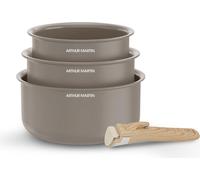 Set de 3 Casseroles Arthur Martin AM1122, Céramique, Ø 16-18-20 cm, Tous Feux dont Induction, Poignée Amovible, Taupe