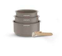 Arthur Martin - Set de 3 Casseroles en Aluminium 2,5 mm, Revêtement Céramique et Poignée Effet Bois, Compatibles Tous Feux Dont Induction, 16-18-20 cm, Marron