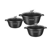 Set de 3 Marmites 24-28-32cm Antiadhésives Marbre avec Couvercles en Verre Signature Noir