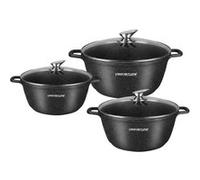 Set de 3 Marmites Antiadhésives Effet Marbre 32-36-40cm avec Couvercles en Verre Signature Noir Noir