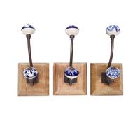 Set de 3 Patères Murales en Bois et Métal de 18cm, Style Vintage Crochet avec Embout en Céramique Coloré Marine et Blanc