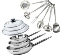 Set de 3 poêles 20, 24 et 28 cm en inox, 3 couvercles verre et 6 ustensiles inox Fackelmann Eterna