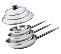 Set de 3 poêles 20 24 et 28 cm en inox et 3 couvercles en verre Fackelmann Eterna