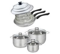 Set de 3 poêles 20 24 et 28 cm en inox et couvercles, 3 faitouts inox 16, 20 et 24 cm Fackelmann Geneva