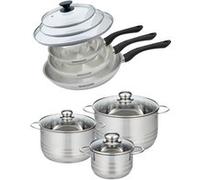 Set de 3 poêles 20 24 et 28 cm en inox et couvercles, 3 faitouts inox 16, 20 et 24 cm Fackelmann Geneva
