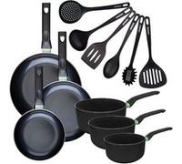 Set de 3 poêles 20 24 et 28 cm et 3 casseroles 16, 18 et 20 cm antiadhésives céramique et 6 ustensiles Fackelmann Brandao